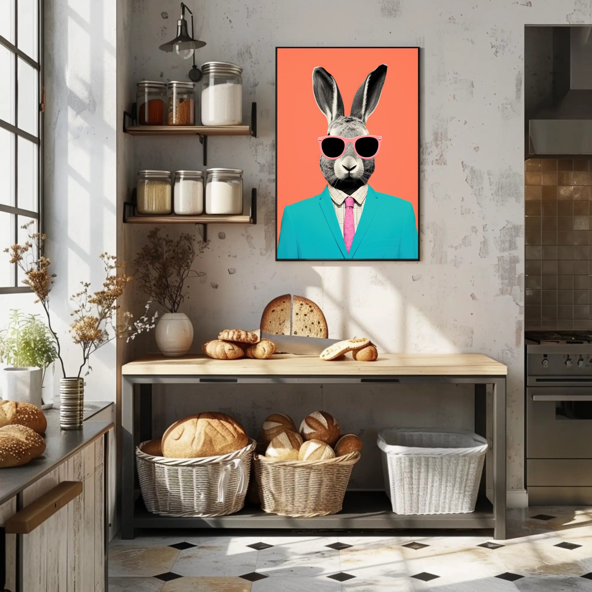 Whimsical Rabbit in Teal: Pop Culture Poster PosterGoat