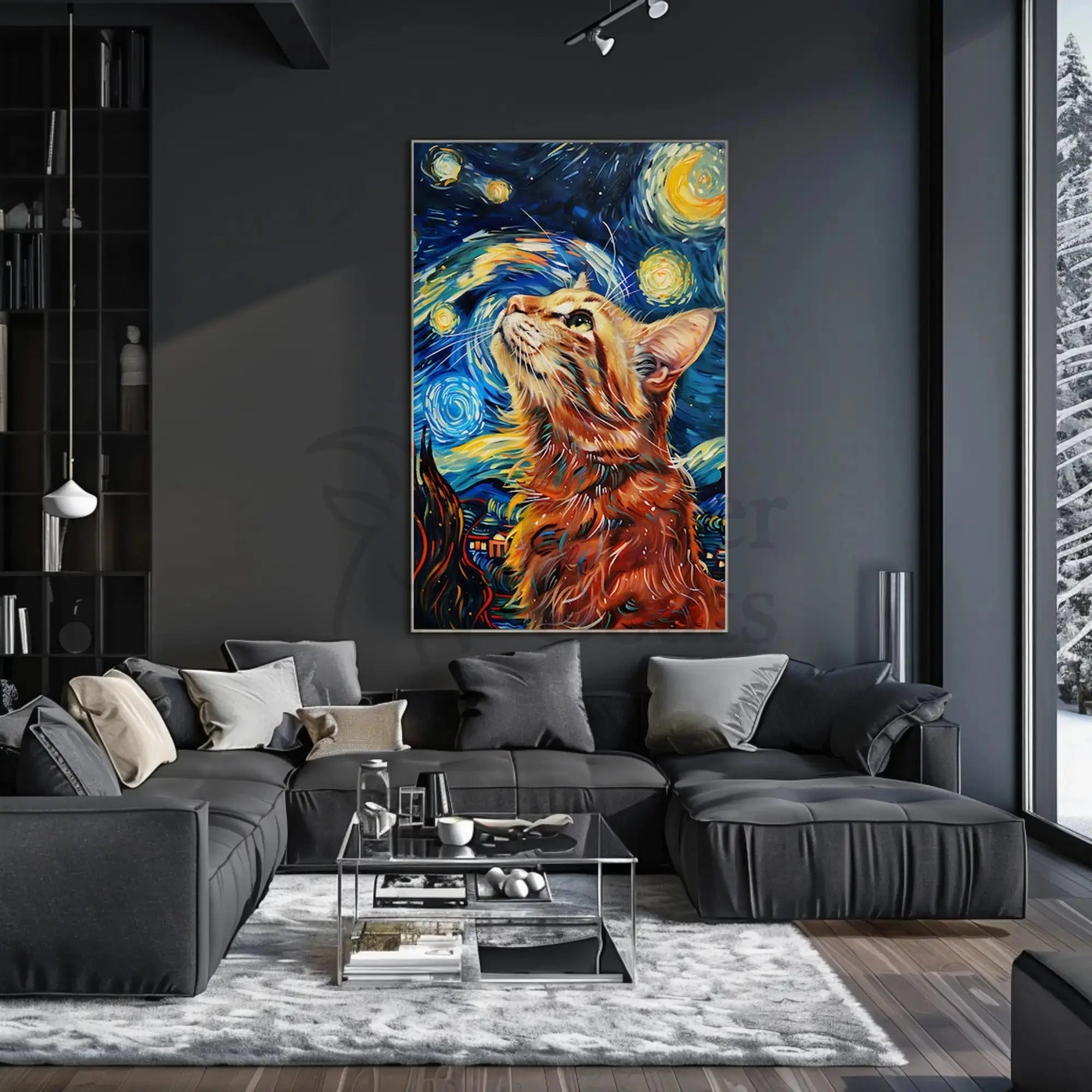Whimsical Tabby in Starry Night Artistic Animal Poster PosterGoat