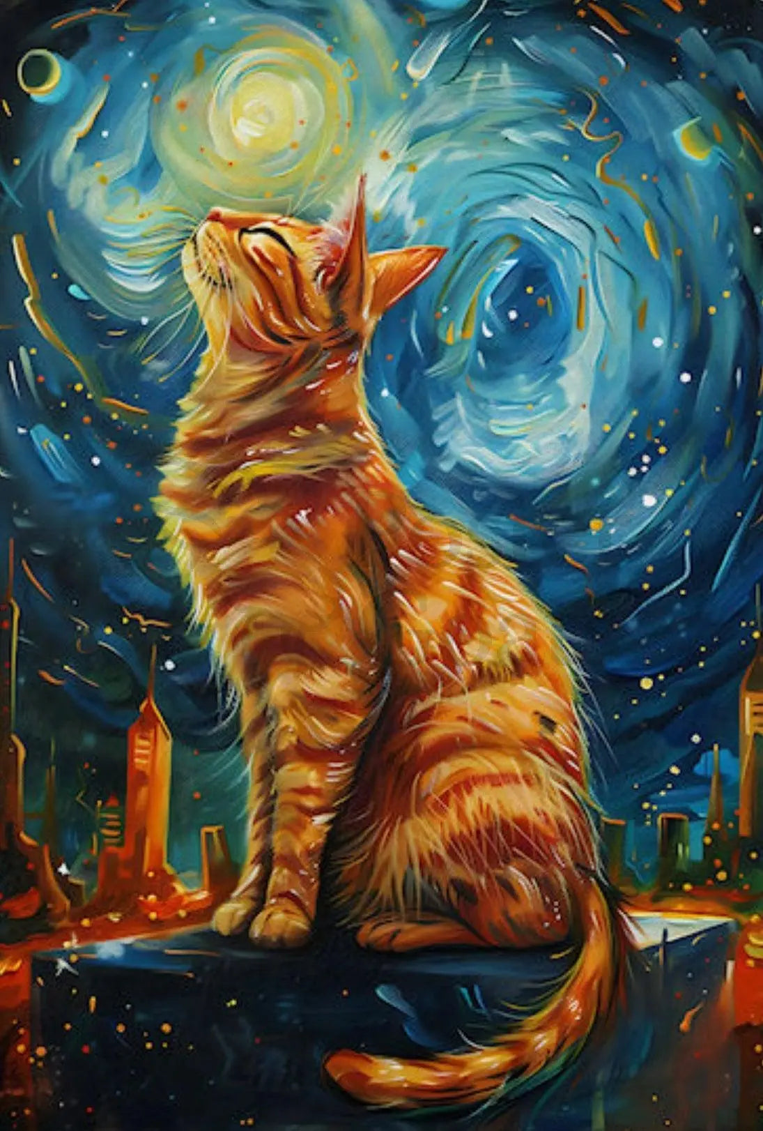 Whimsical Urban Cat in Dreamy Van Gogh Style Poster PosterGoat