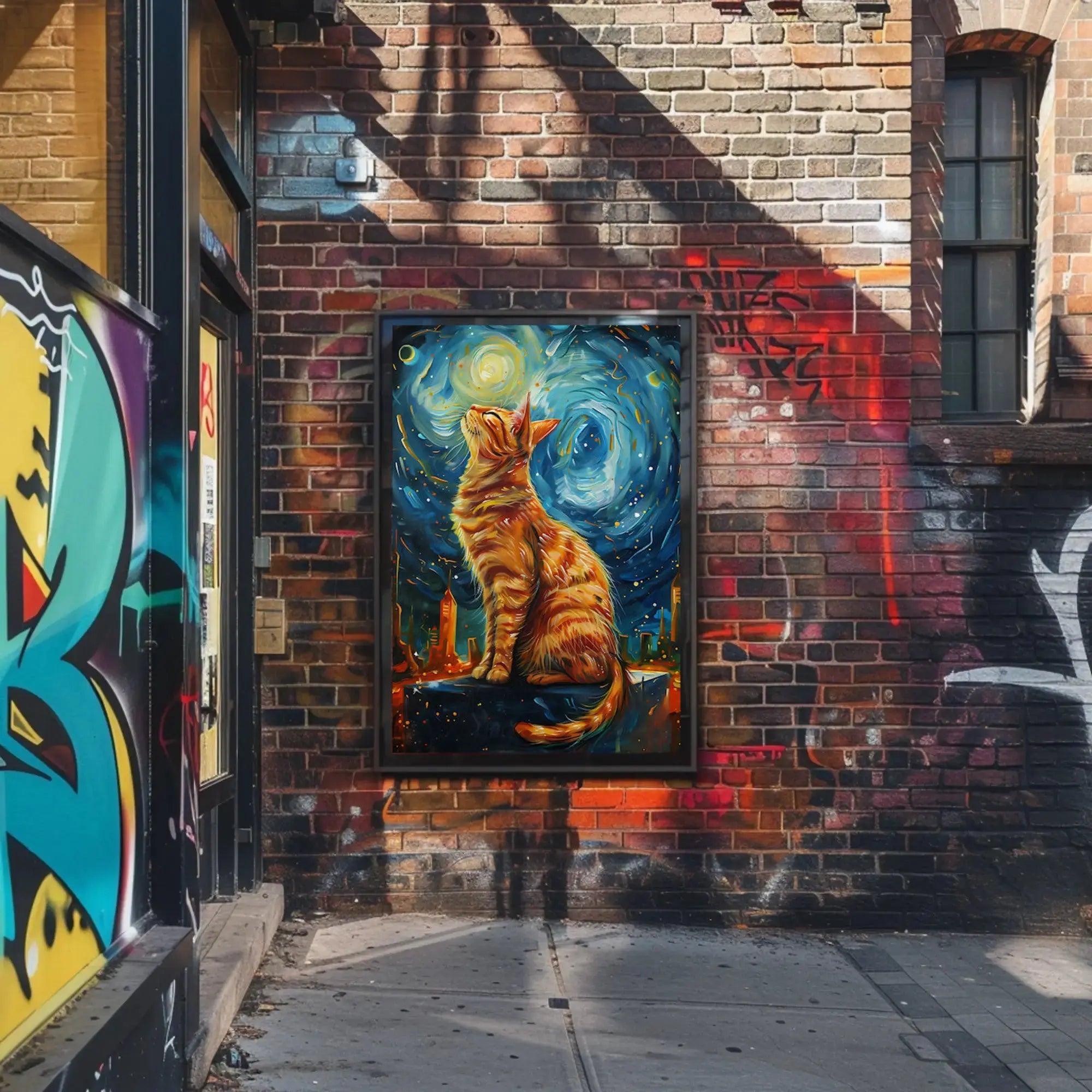 Whimsical Urban Cat in Dreamy Van Gogh Style Poster PosterGoat