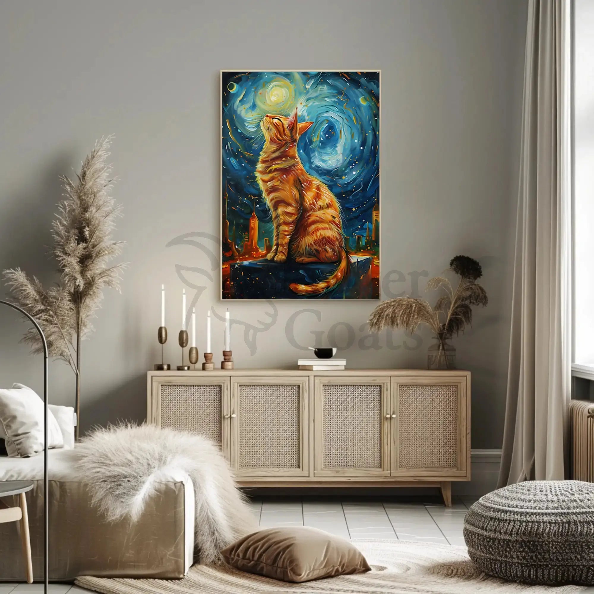 Whimsical Urban Cat in Dreamy Van Gogh Style Poster PosterGoat