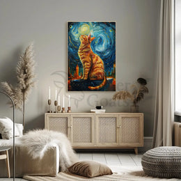 Whimsical Urban Cat in Dreamy Van Gogh Style Poster PosterGoat