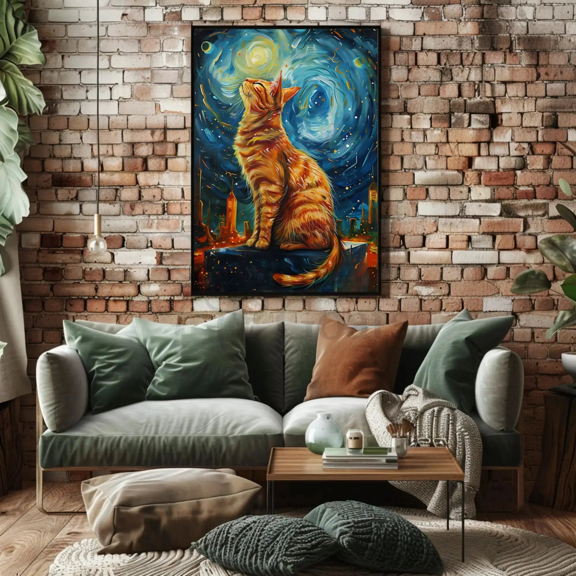 Whimsical Urban Cat in Dreamy Van Gogh Style Poster PosterGoat
