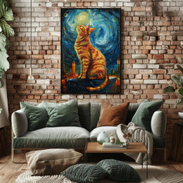 Whimsical Urban Cat in Dreamy Van Gogh Style Poster PosterGoat