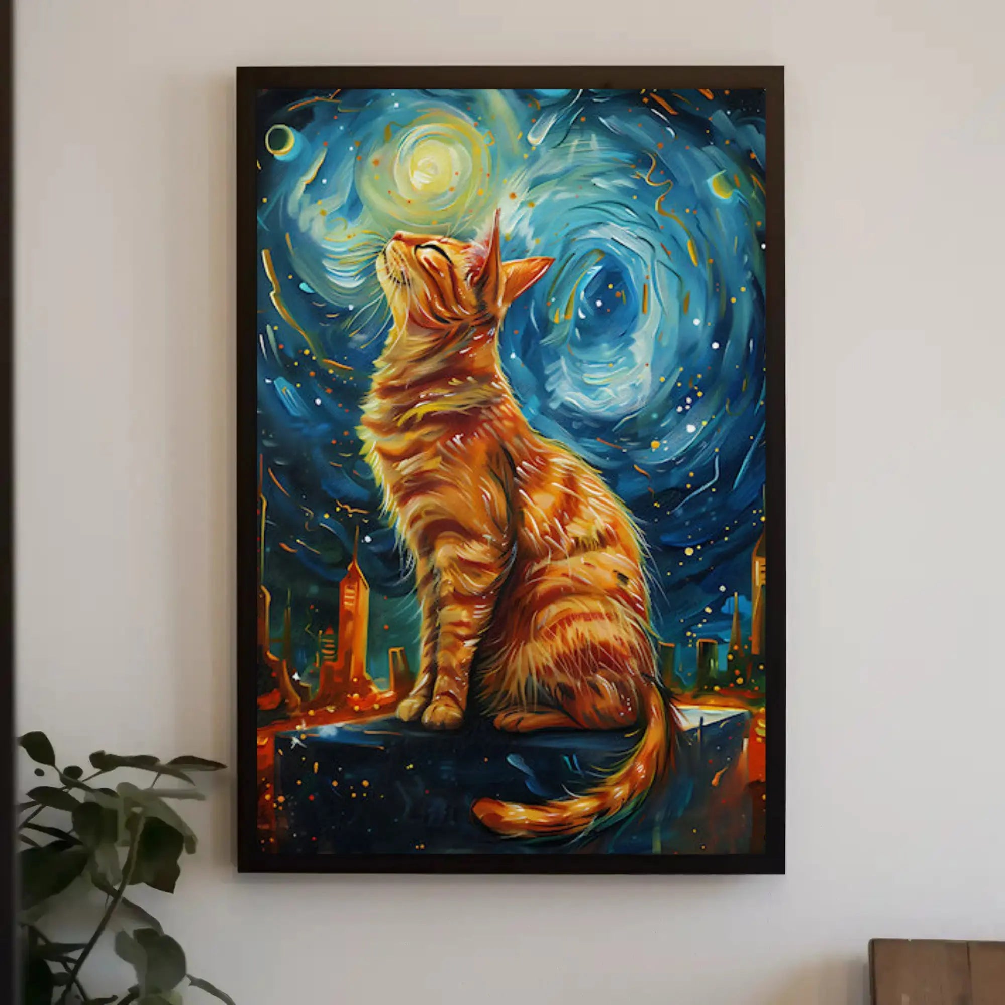 Whimsical Urban Cat in Dreamy Van Gogh Style Poster PosterGoat