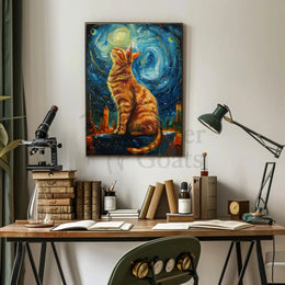 Whimsical Urban Cat in Dreamy Van Gogh Style Poster PosterGoat