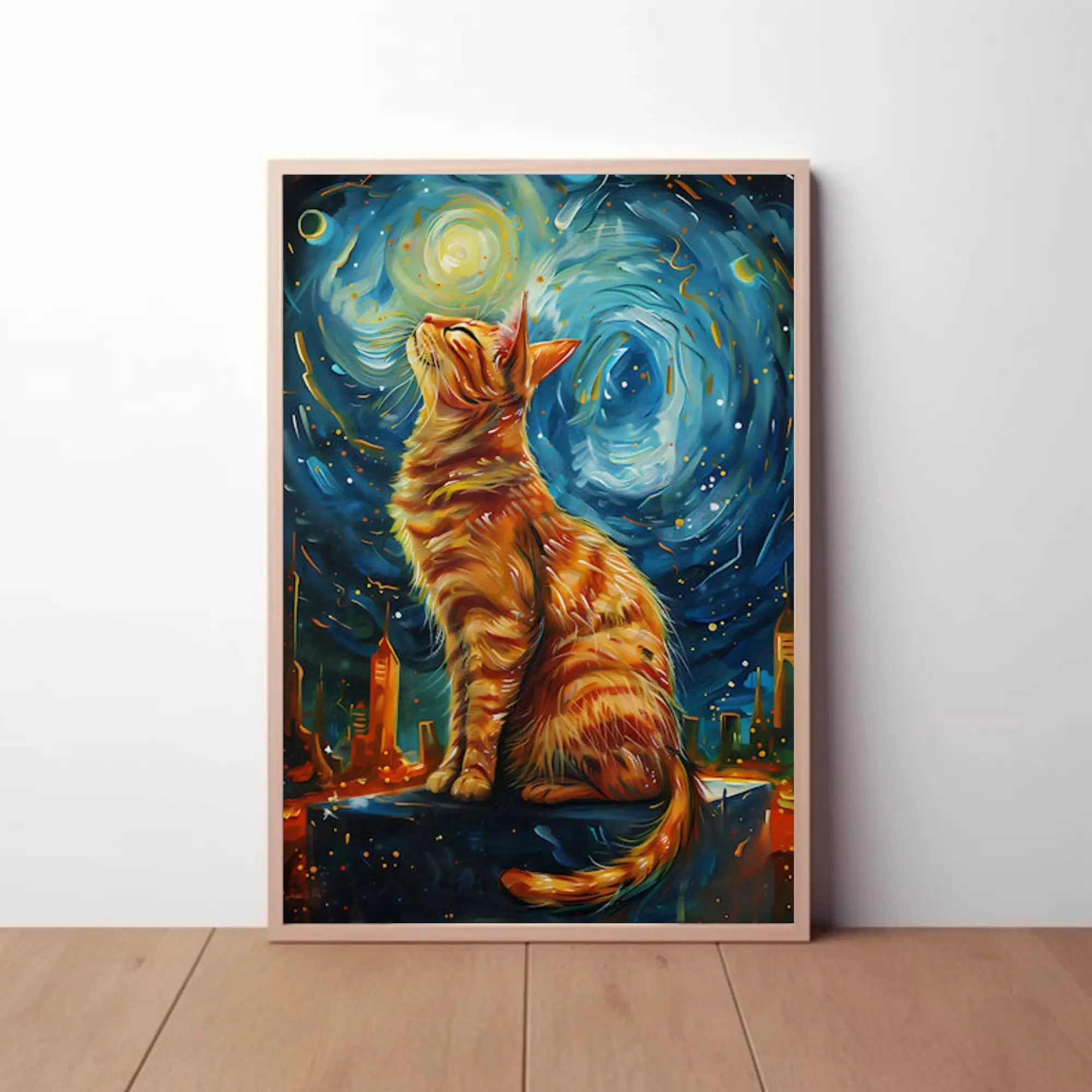 Whimsical Urban Cat in Dreamy Van Gogh Style Poster PosterGoat