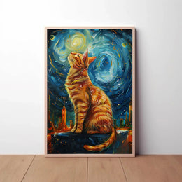Whimsical Urban Cat in Dreamy Van Gogh Style Poster PosterGoat