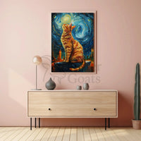 Whimsical Urban Cat in Dreamy Van Gogh Style Poster PosterGoat