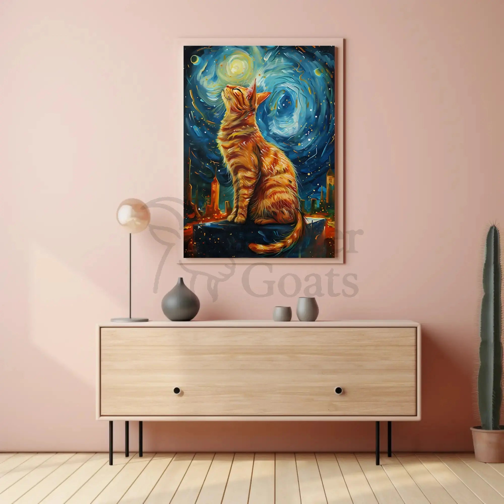 Whimsical Urban Cat in Dreamy Van Gogh Style Poster PosterGoat