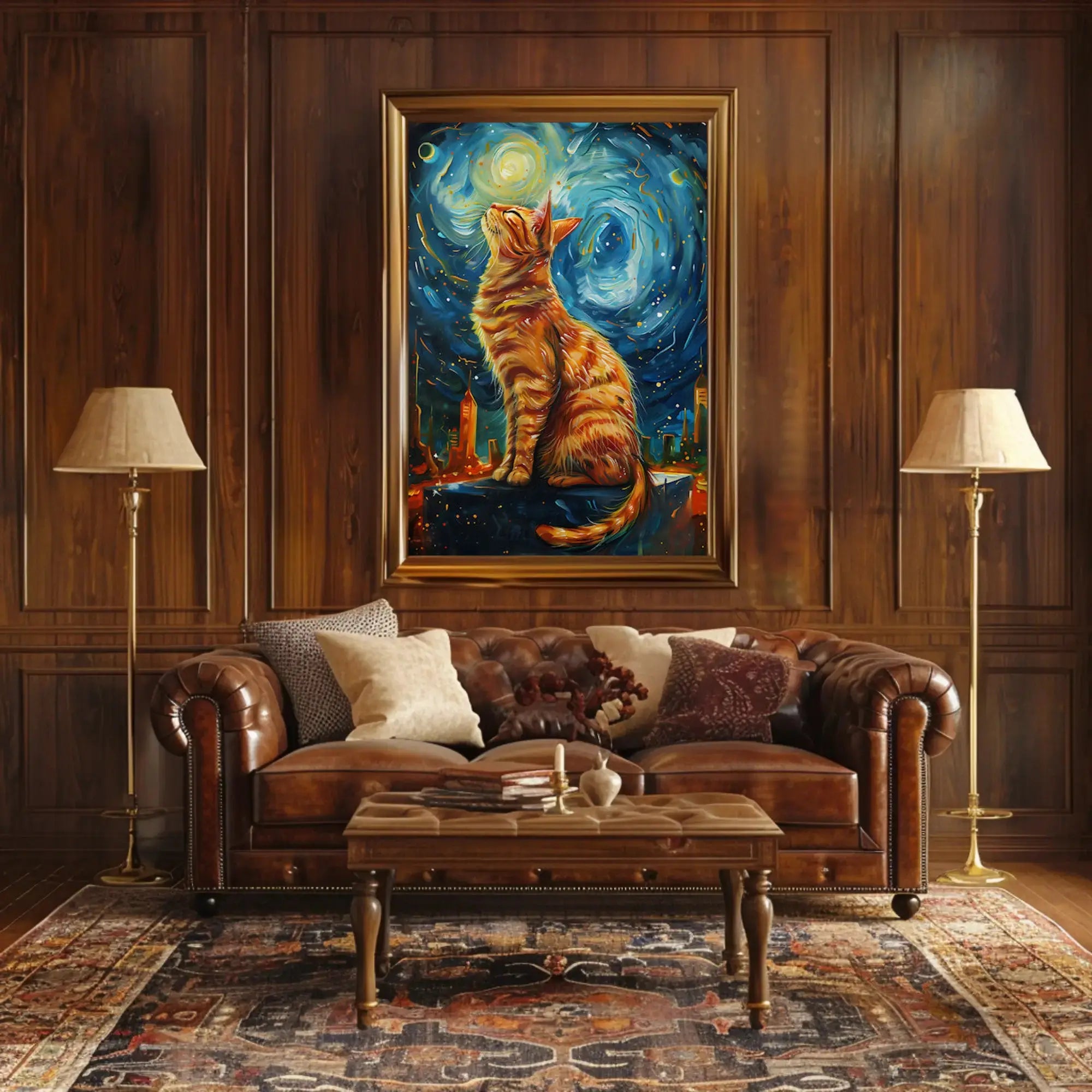 Whimsical Urban Cat in Dreamy Van Gogh Style Poster PosterGoat