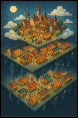 Whimsical Village Fantasy with Market Scene Fantasy Poster PosterGoat