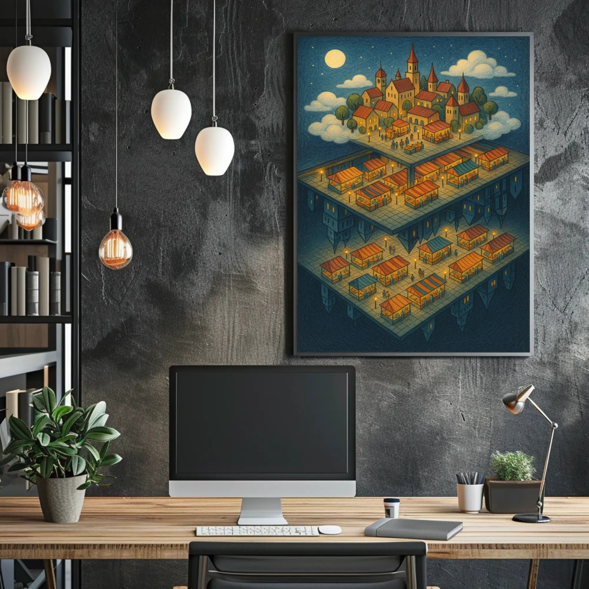 Whimsical Village Fantasy with Market Scene Fantasy Poster PosterGoat