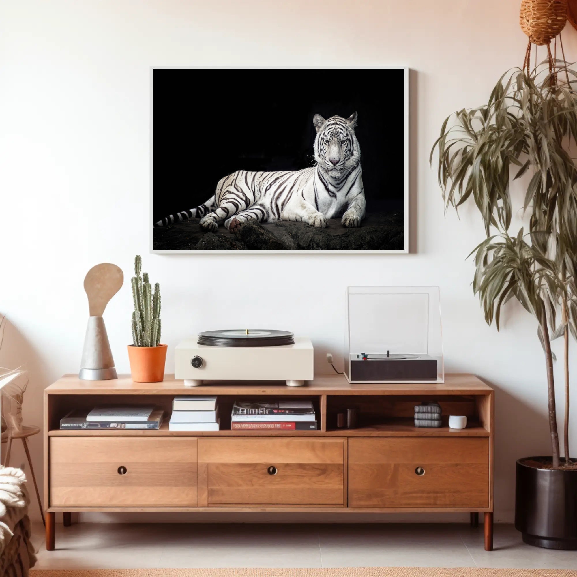 White Tiger Majesty On Rugged Surface Animal Poster PosterGoat