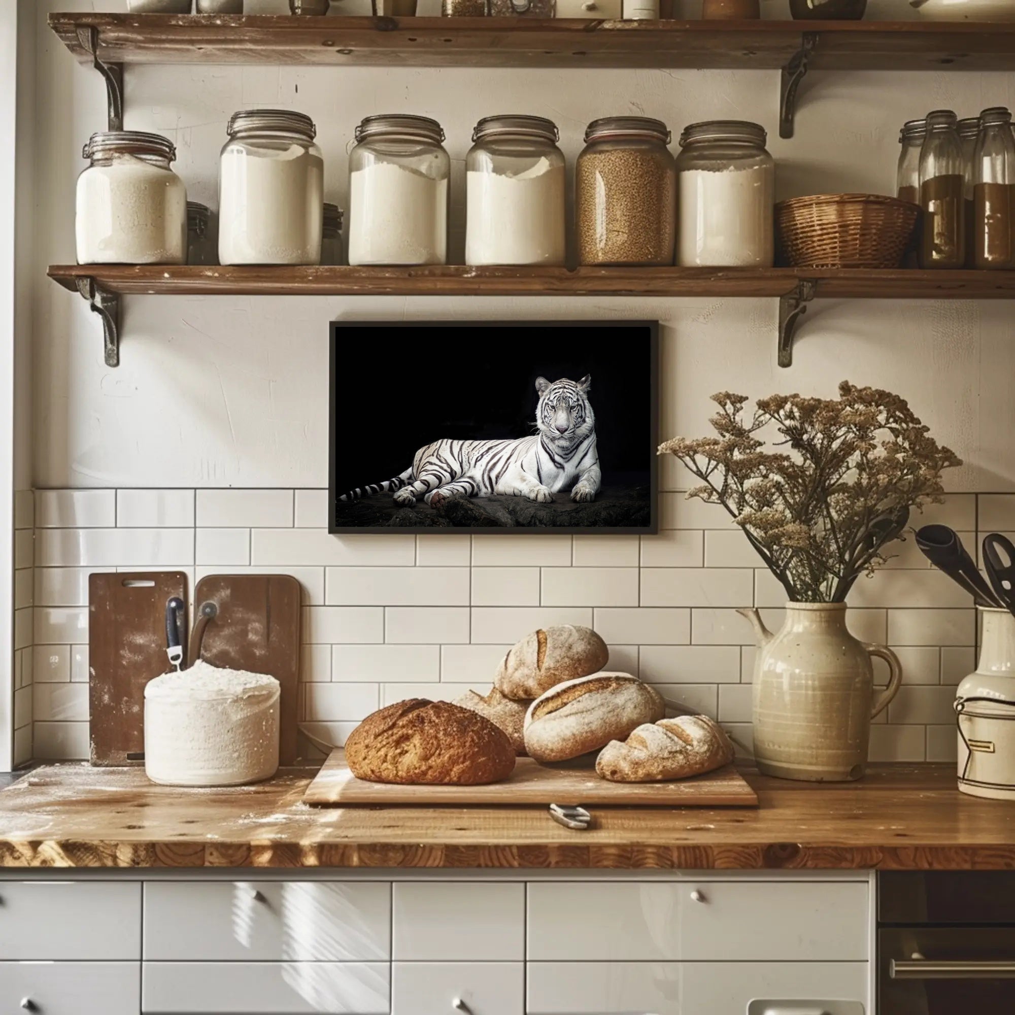 White Tiger Majesty On Rugged Surface Animal Poster PosterGoat