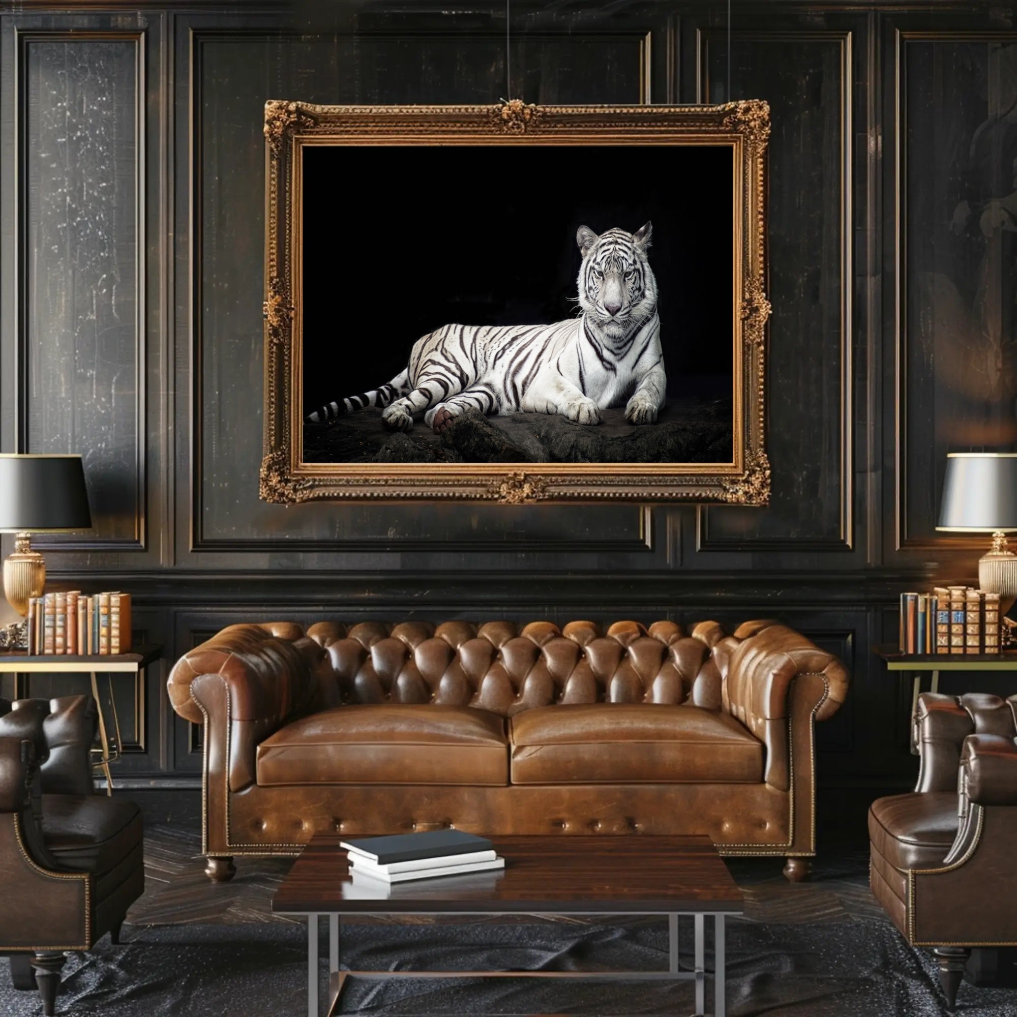 White Tiger Majesty On Rugged Surface Animal Poster PosterGoat