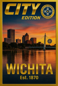 Wichita Cityscape Gold Blue Horizon Travel Poster PosterGoat