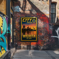 Wichita Cityscape Gold Blue Horizon Travel Poster PosterGoat