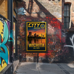 Wichita Cityscape Gold Blue Horizon Travel Poster PosterGoat