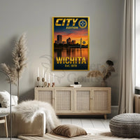 Wichita Cityscape Gold Blue Horizon Travel Poster PosterGoat