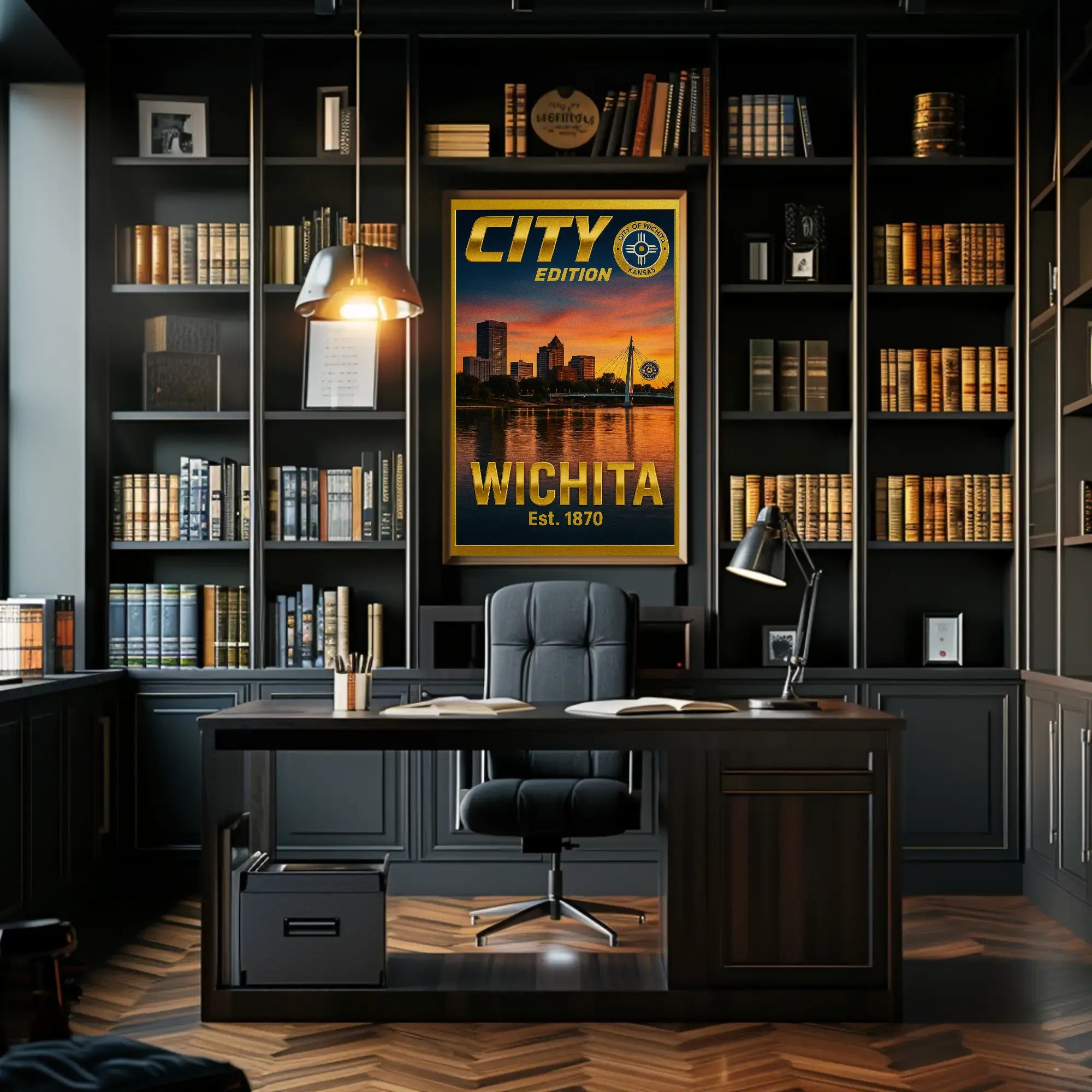 Wichita Cityscape Gold Blue Horizon Travel Poster PosterGoat