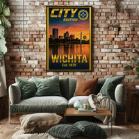 Wichita Cityscape Gold Blue Horizon Travel Poster PosterGoat