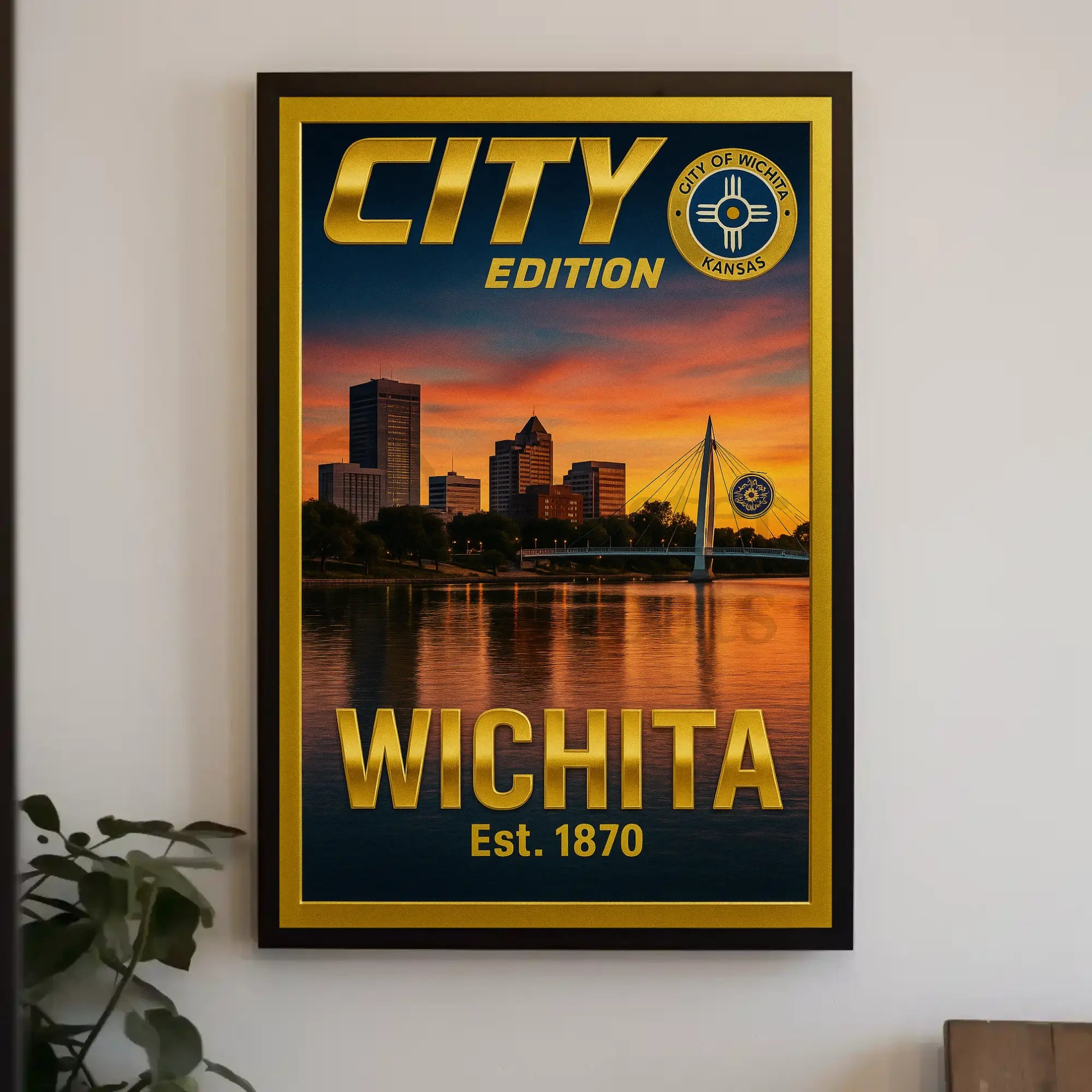 Wichita Cityscape Gold Blue Horizon Travel Poster PosterGoat