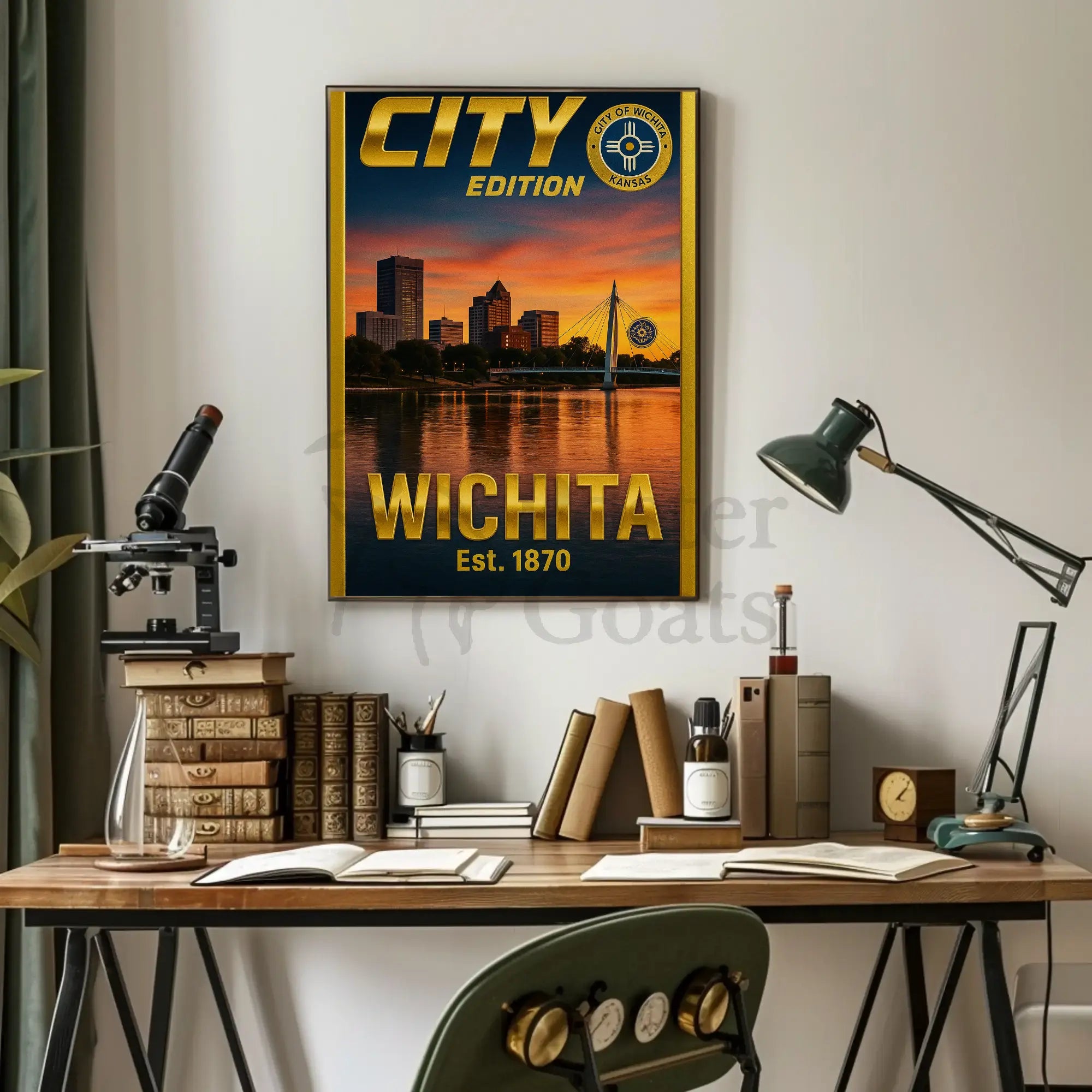 Wichita Cityscape Gold Blue Horizon Travel Poster PosterGoat