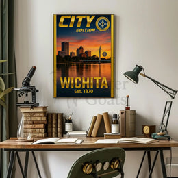 Wichita Cityscape Gold Blue Horizon Travel Poster PosterGoat