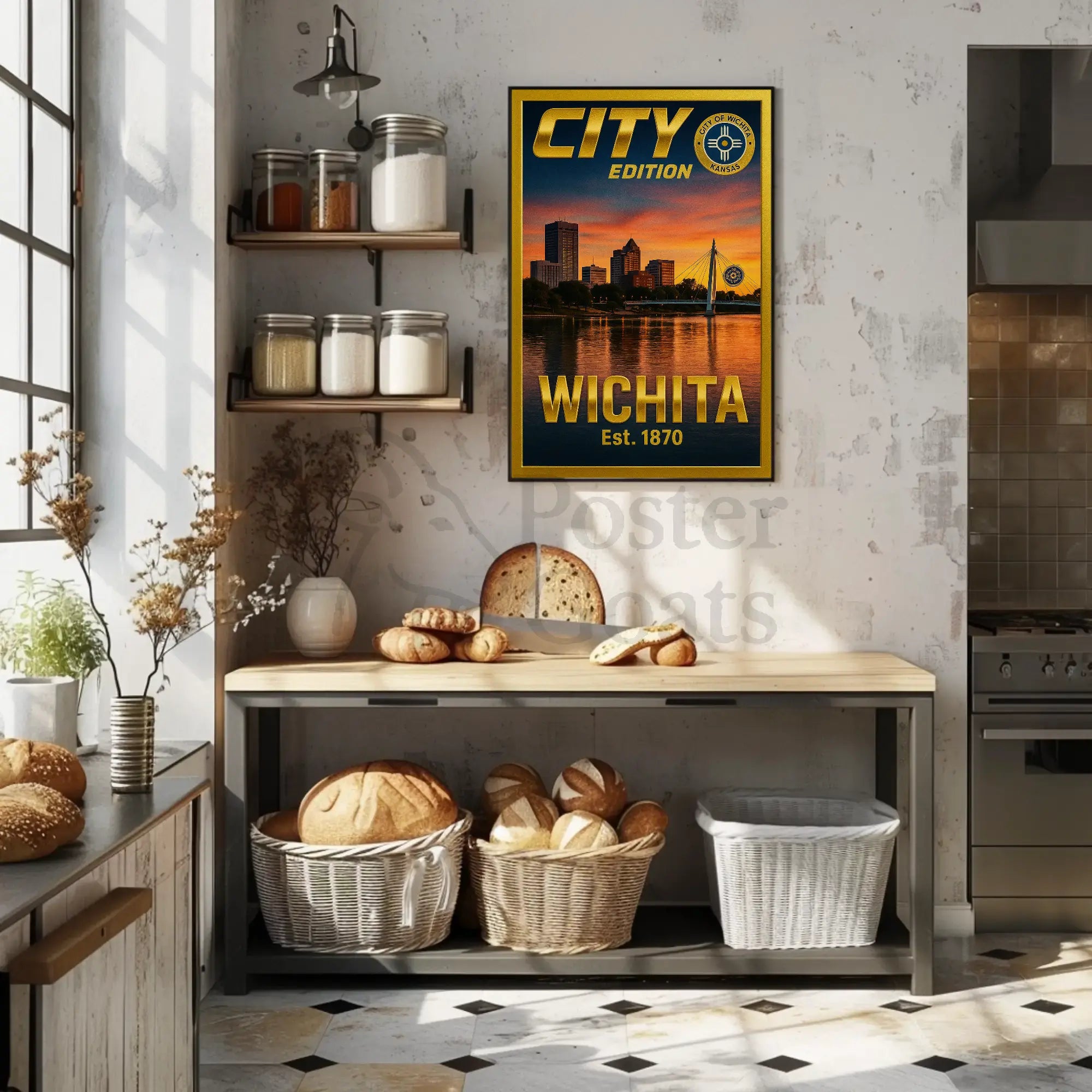 Wichita Cityscape Gold Blue Horizon Travel Poster PosterGoat