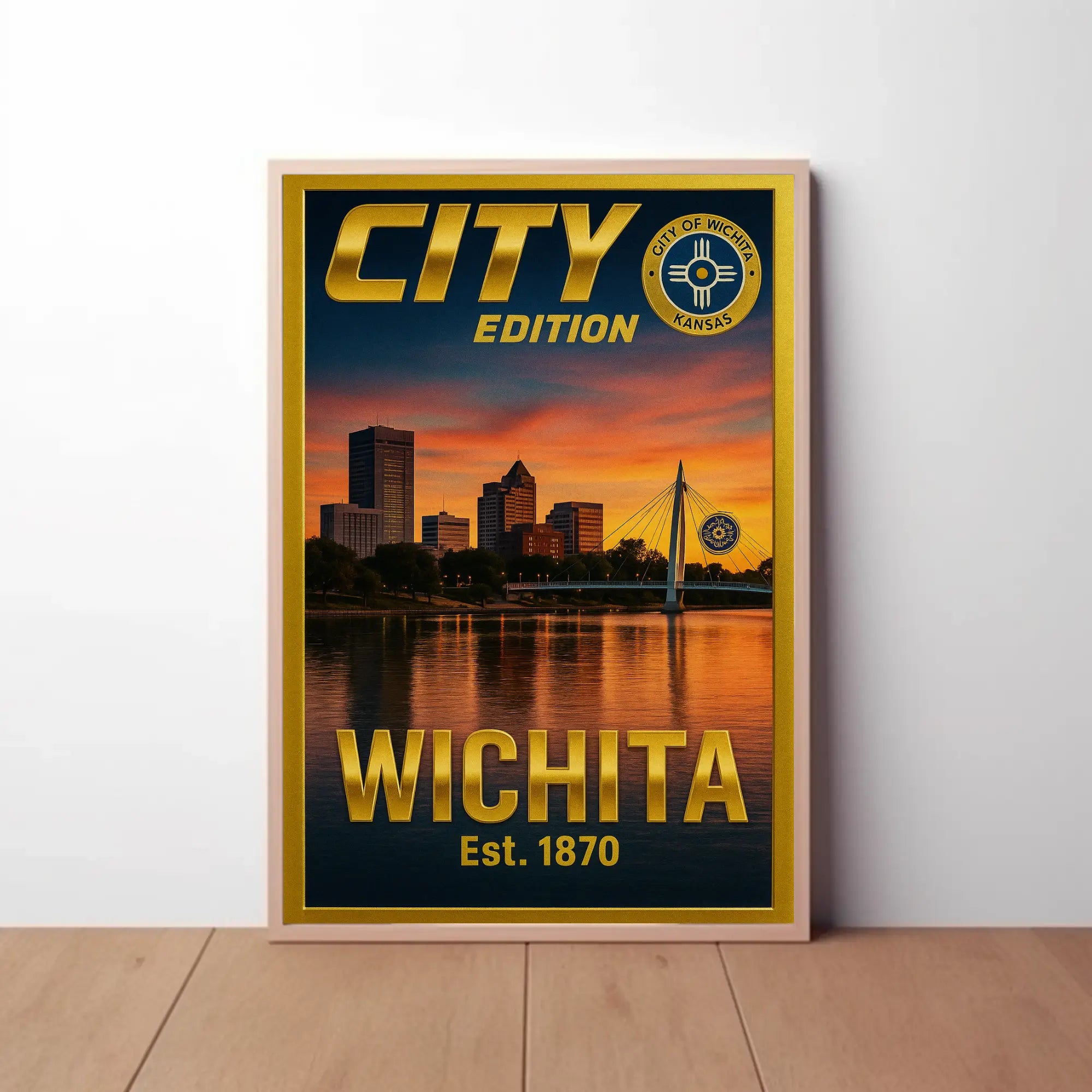 Wichita Cityscape Gold Blue Horizon Travel Poster PosterGoat