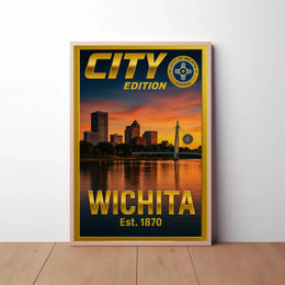 Wichita Cityscape Gold Blue Horizon Travel Poster PosterGoat