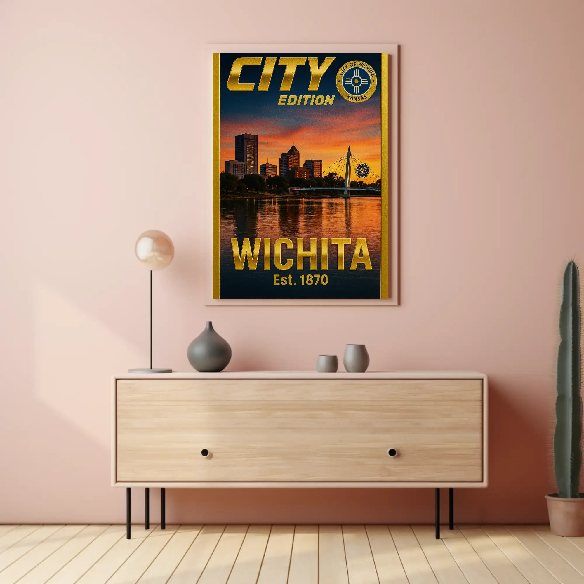Wichita Cityscape Gold Blue Horizon Travel Poster PosterGoat