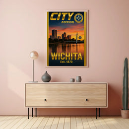 Wichita Cityscape Gold Blue Horizon Travel Poster PosterGoat