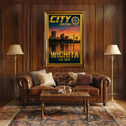 Wichita Cityscape Gold Blue Horizon Travel Poster PosterGoat