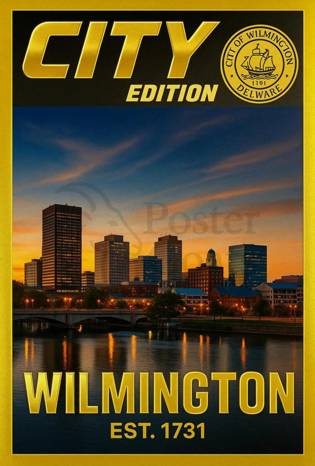 Wilmington Skyline Sunset Cultural Heritage Poster PosterGoat