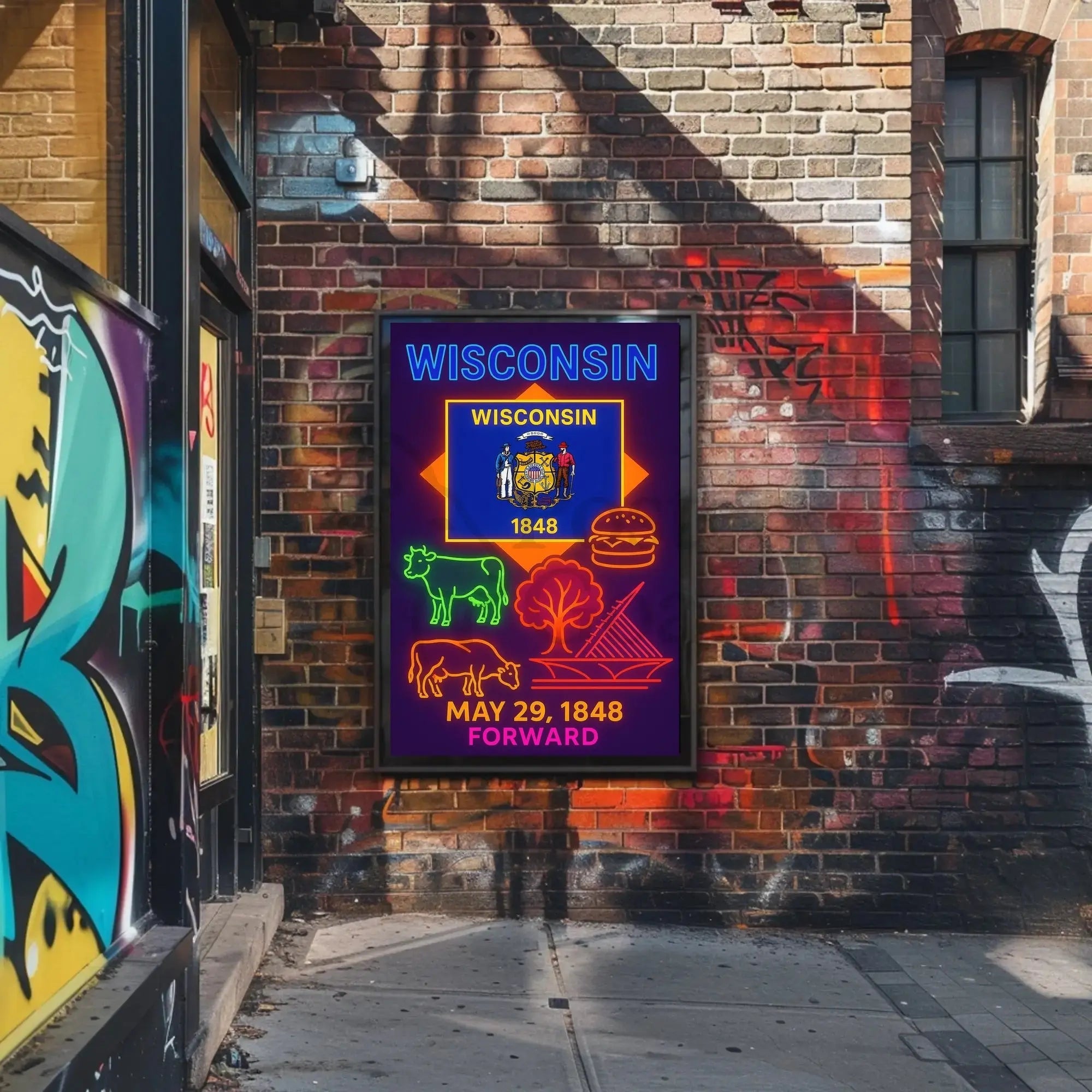 Wisconsin Neon Culture Poster - Abstract, Artistic, or Pop Culture Poster PosterGoat