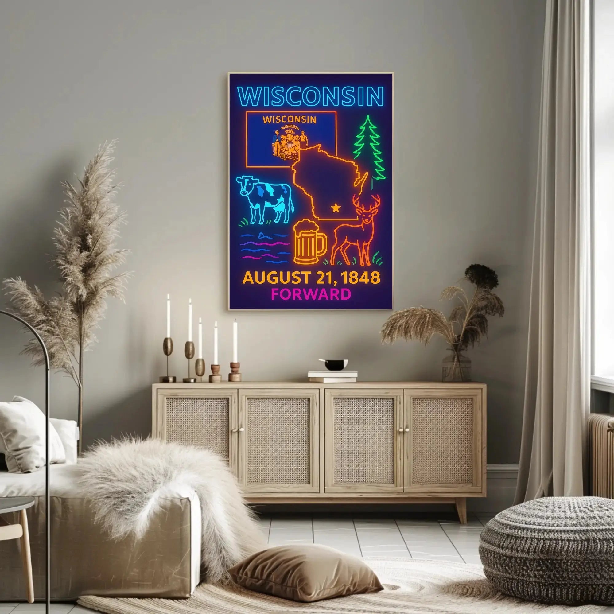 Wisconsin Statehood Celebration Neon Heritage Poster PosterGoat