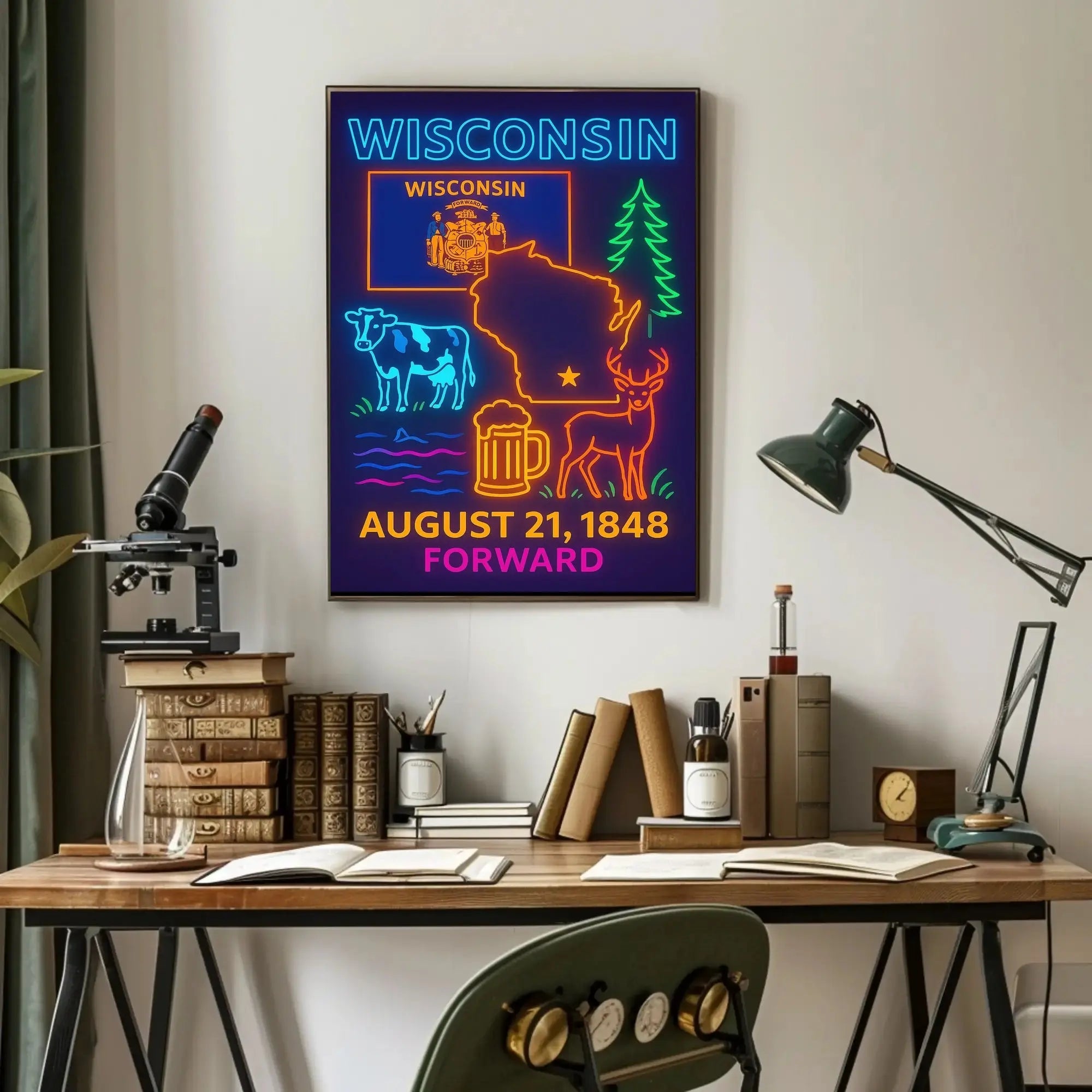 Wisconsin Statehood Celebration Neon Heritage Poster PosterGoat