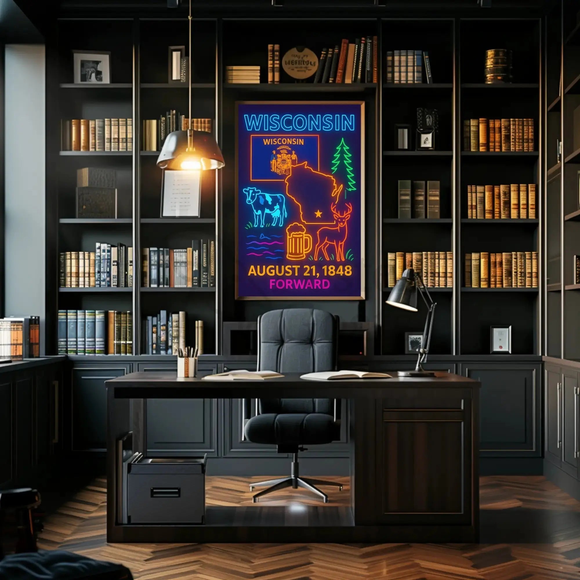 Wisconsin Statehood Celebration Neon Heritage Poster PosterGoat