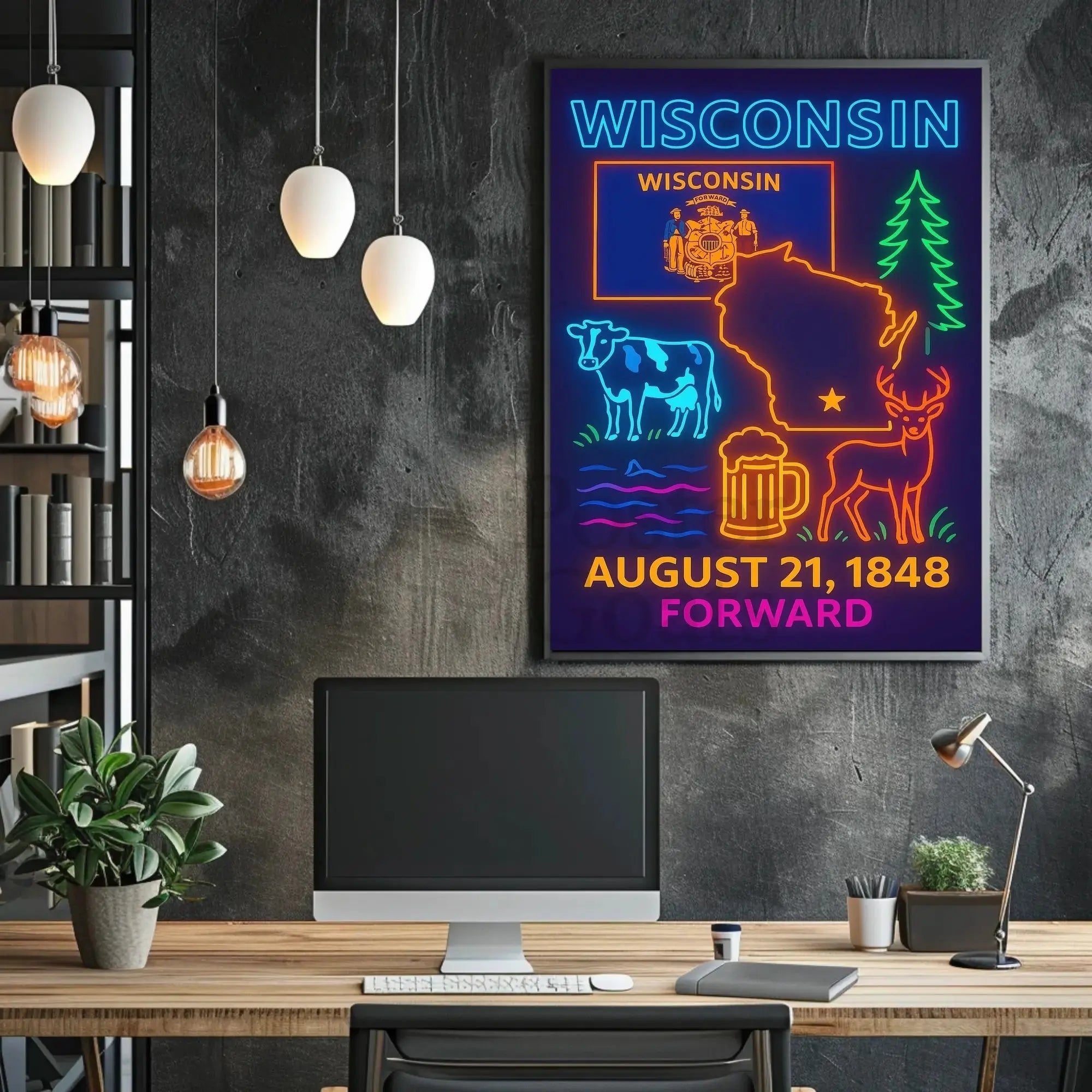 Wisconsin Statehood Celebration Neon Heritage Poster PosterGoat