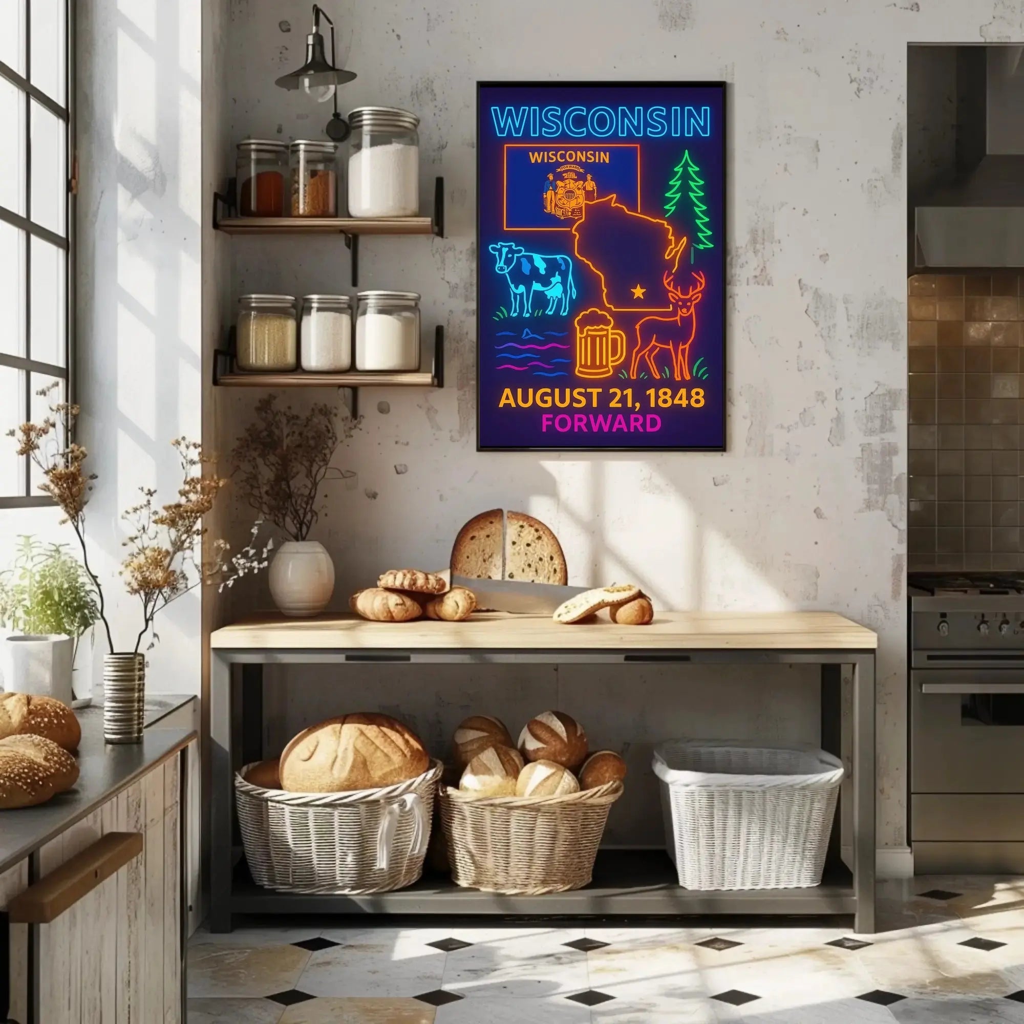 Wisconsin Statehood Celebration Neon Heritage Poster PosterGoat