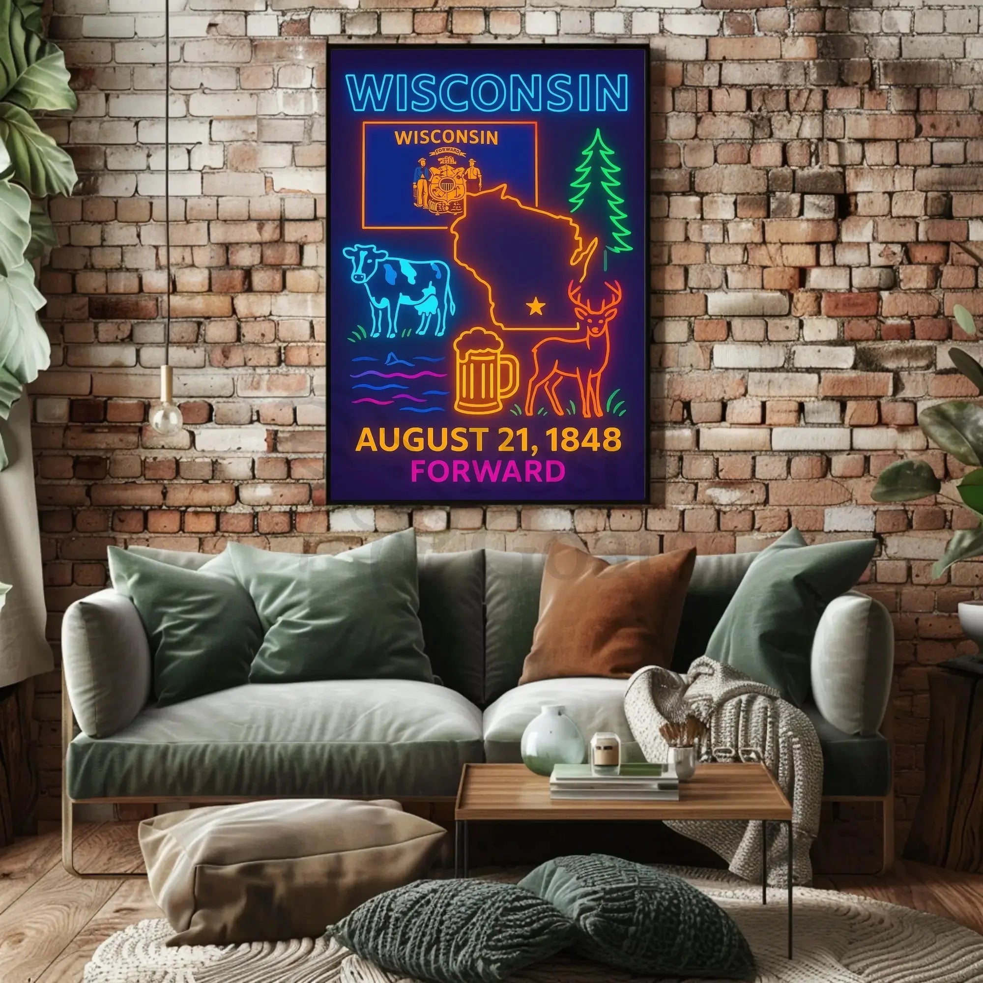 Wisconsin Statehood Celebration Neon Heritage Poster PosterGoat