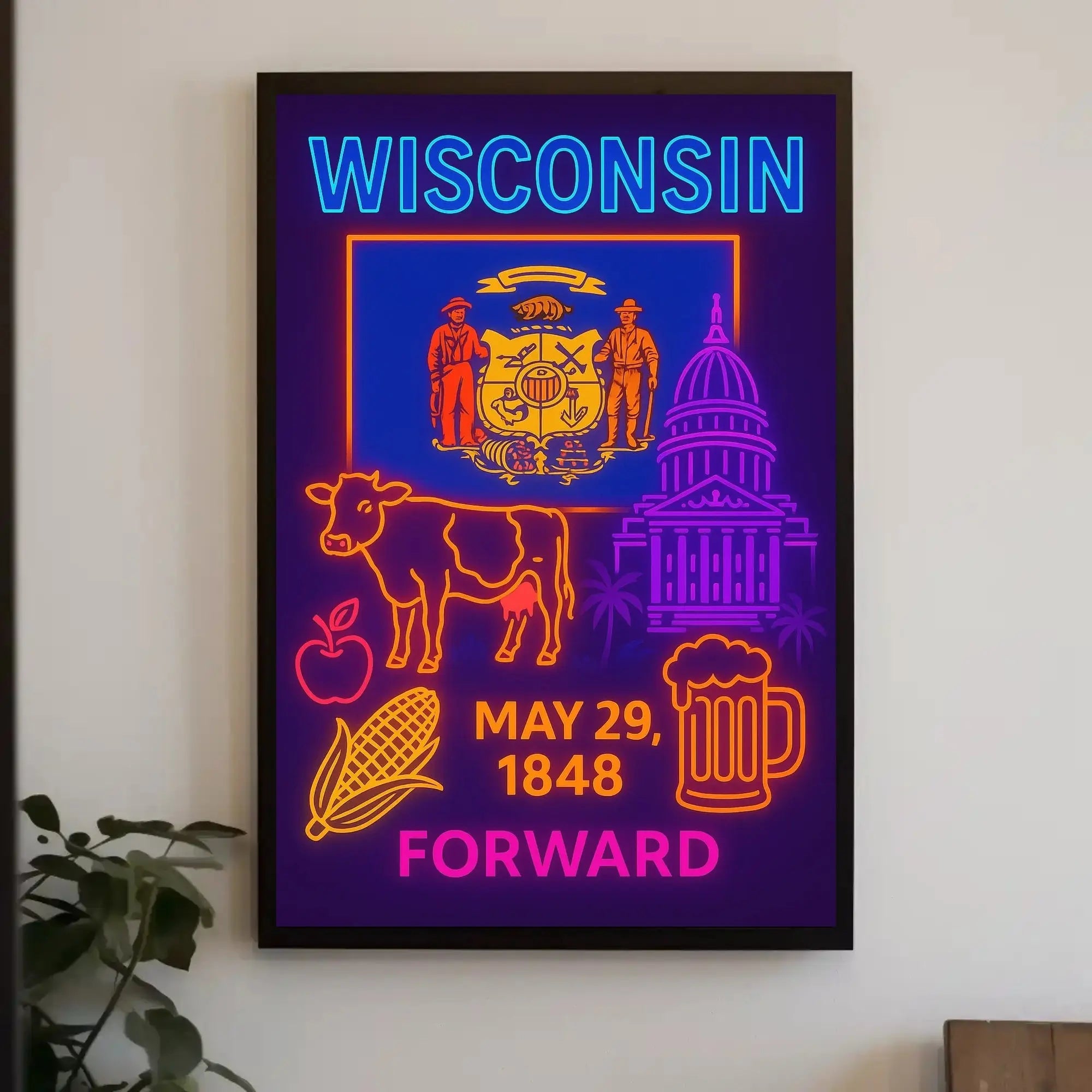 Wisconsin Statehood Neon Retro Cultural or Heritage Poster PosterGoat