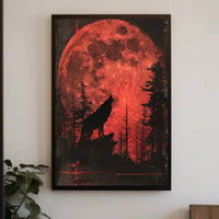 Wolf Howling Under Red Moon Artistic Animal Poster PosterGoat