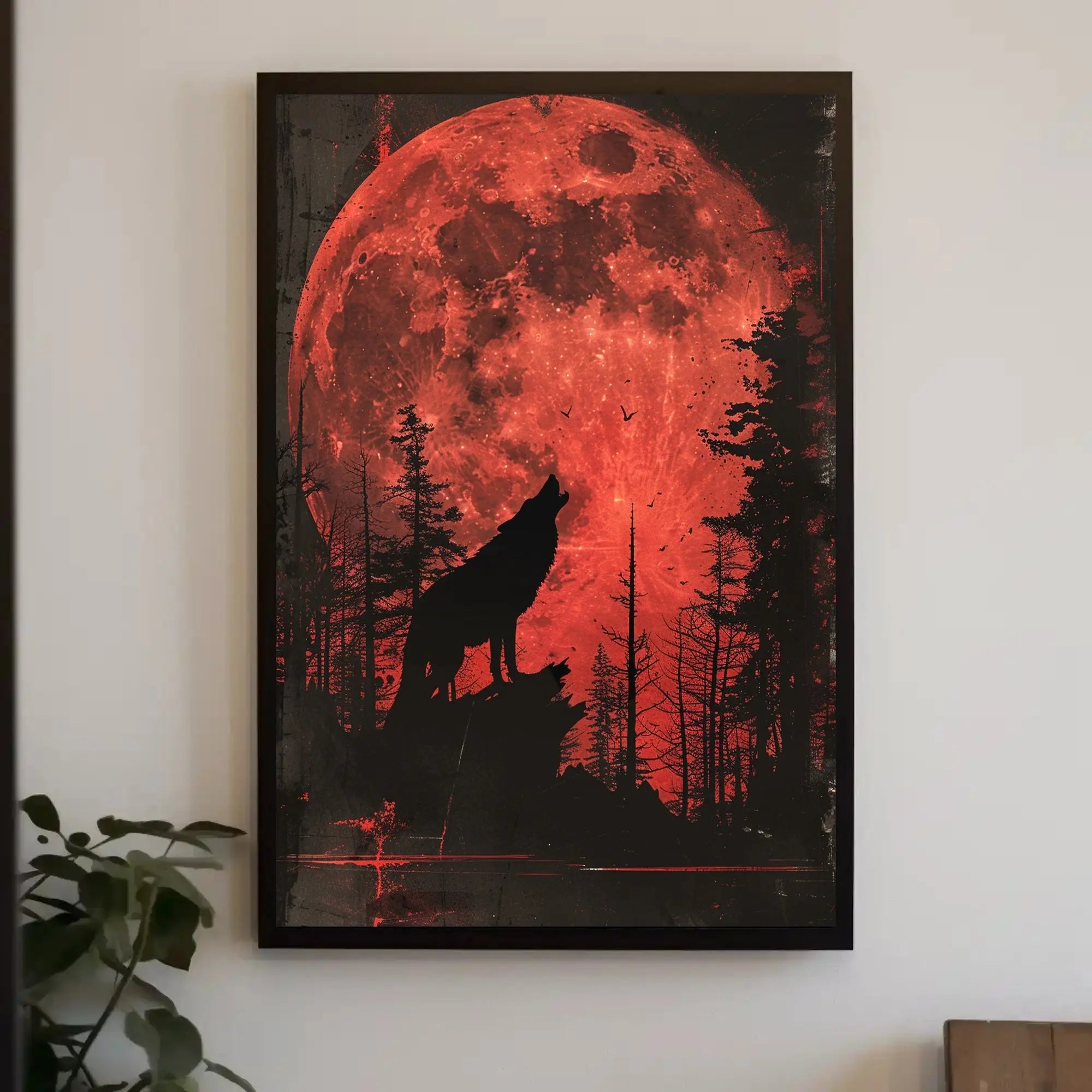 Wolf Howling Under Red Moon Artistic Animal Poster PosterGoat