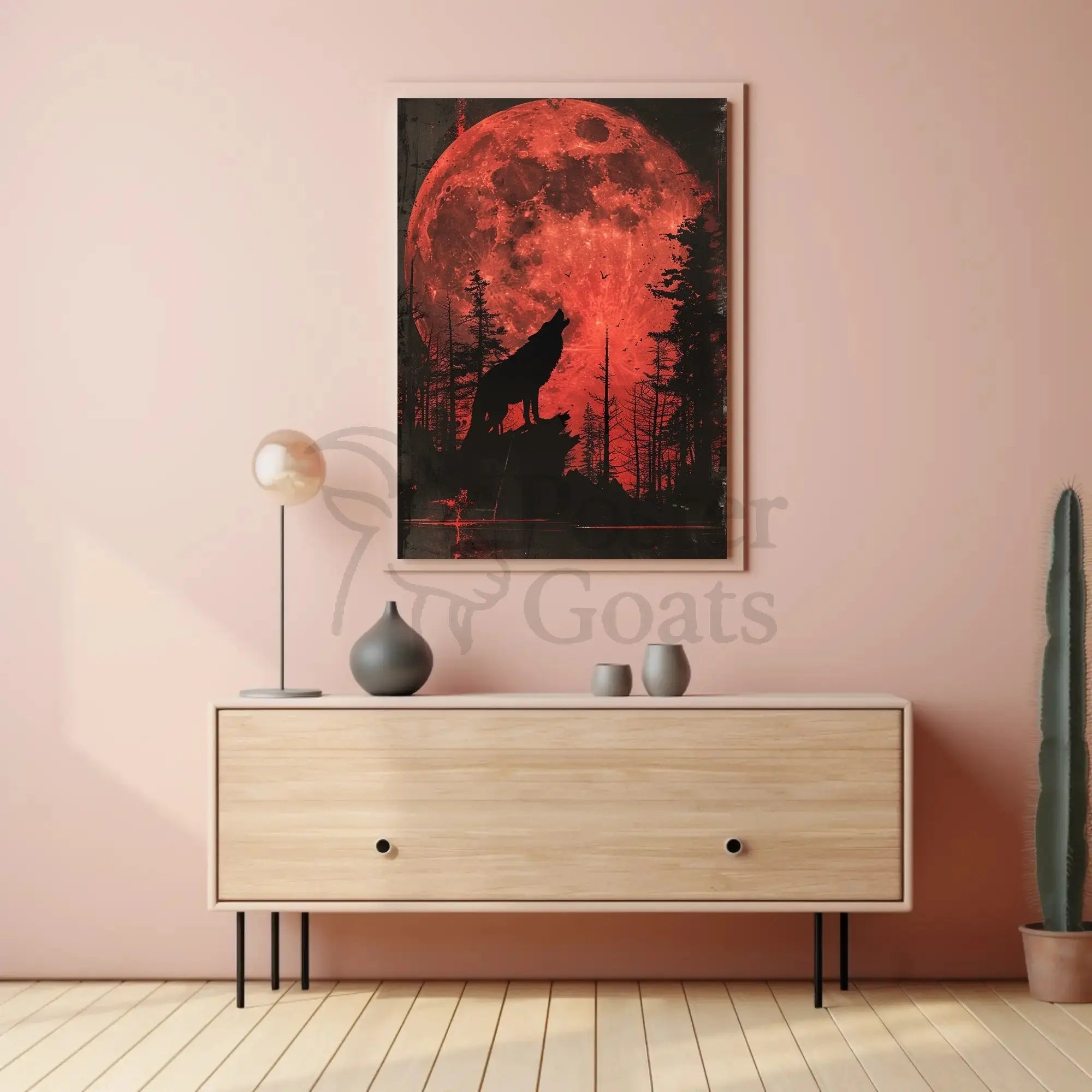 Wolf Howling Under Red Moon Artistic Animal Poster PosterGoat