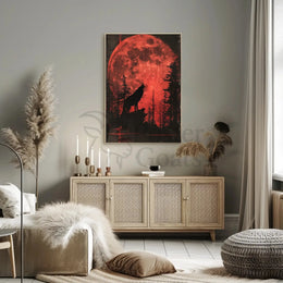 Wolf Howling Under Red Moon Artistic Animal Poster PosterGoat