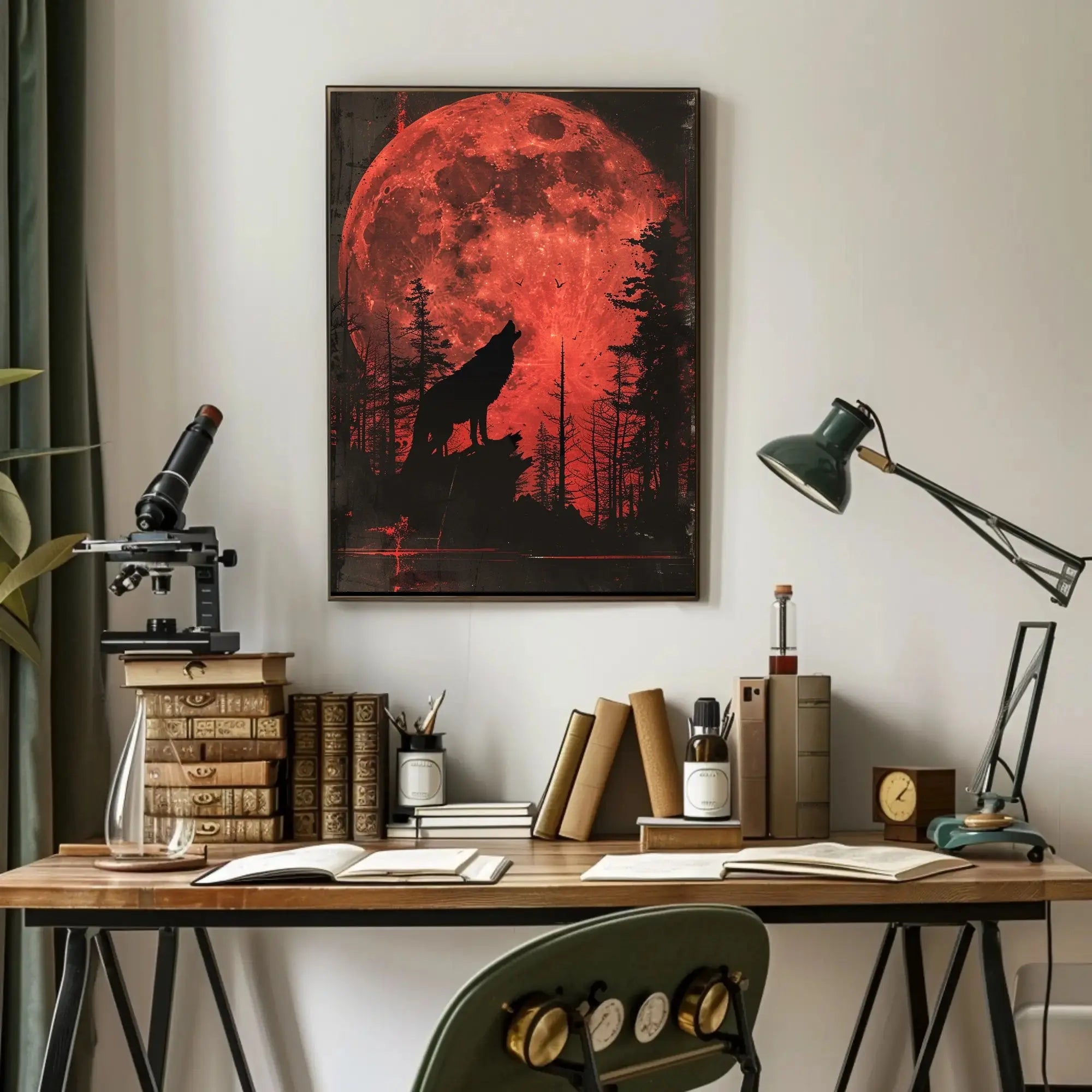Wolf Howling Under Red Moon Artistic Animal Poster PosterGoat