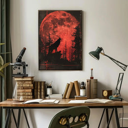 Wolf Howling Under Red Moon Artistic Animal Poster PosterGoat